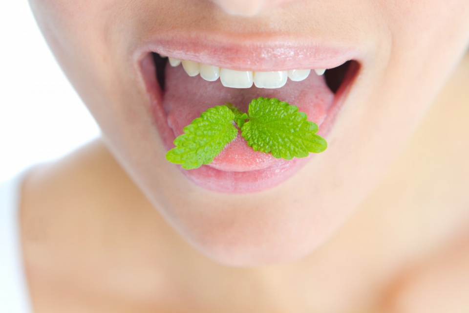 mint leaf on a tongue