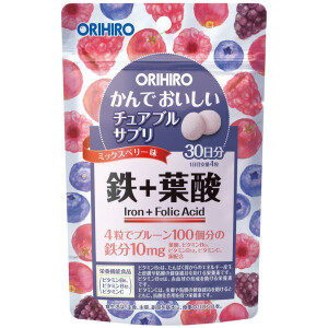 Жевательные витамины с железом и фолиевой кислотой Orihiro Iron + Folic Acid со вкусом ягод