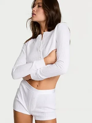 Пижамный комплект с короткими рукавами и ажурной отделкой. Victoria’s Secret Cozy Pointelle Henley Short Pajama Set White/Ivory