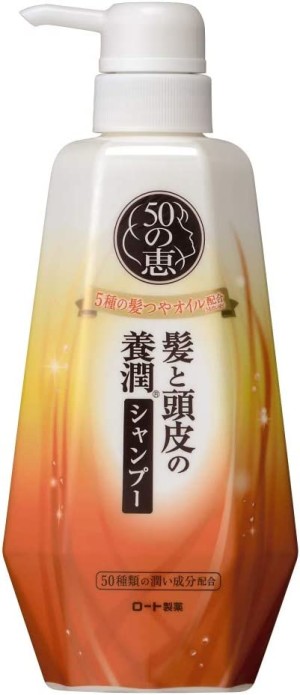 Восстанавливающий шампунь для упругости волос и дополнительного объема Rohto 50 Megumi Hair And Scalp Nourishing Shampoo