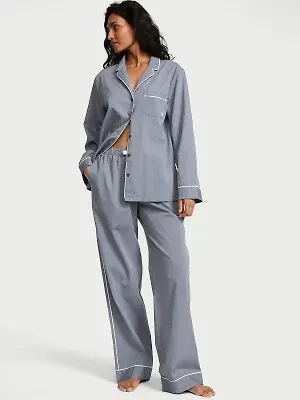 Комплект длинной пижамы из хлопка Victoria’s Secret Heritage Cotton Long Pajama Set Monaco Blue