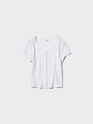 Мини-топ на пуговицах с цветочным принтом Uniqlo Waffle Full Open Mini T